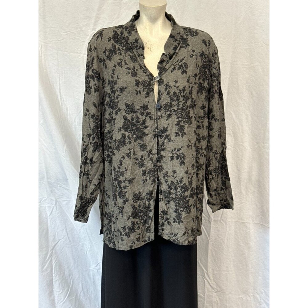 Josephine Chaus Womens Black Gray Floral Button Front Blouse Size 20 Long Sleeve